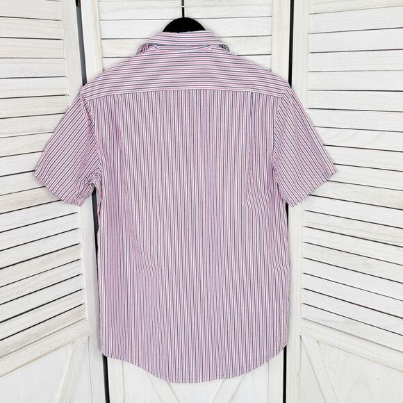 Michael Kors Seersucker Stripe Button Up Shirt Red White Blue Small Short Sleeve - Picture 2 of 11